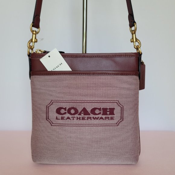 COACH Kitt Badge Jacquard & Smooth Leather Crossbody- Wine Multi ⭐ - Picture 5 of 16